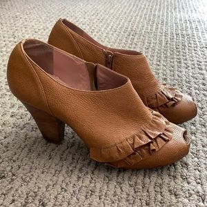Miss Albright (Anthropologie) Brown Peep Toe Ruffled Booties